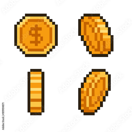 8 bit coin vector icons set: pixel style cryptocurrency and money symbols