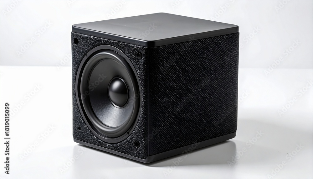Obraz premium Black cube-shaped speaker with circular driver on white surface and plain background