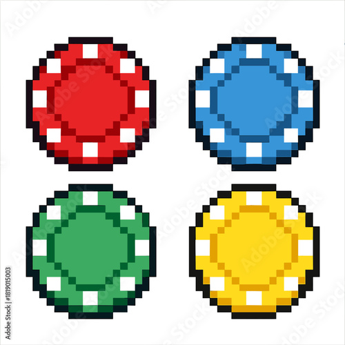 Poker chip vector icons set in pixel style. digital currency and casino tokens