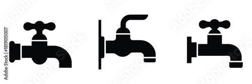 Faucet icons featuring water taps, kitchen faucets, and plumbing set illustrations, including isolated shower and tap icons, perfect for home improvement