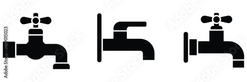 Faucet icons featuring water taps, kitchen faucets, and plumbing set illustrations, including isolated shower and tap icons, perfect for home improvement