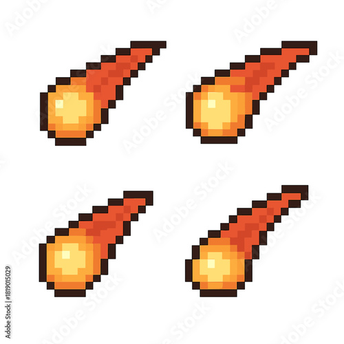 8 bit comet vector icons set in pixel style. meteor and asteroid symbols