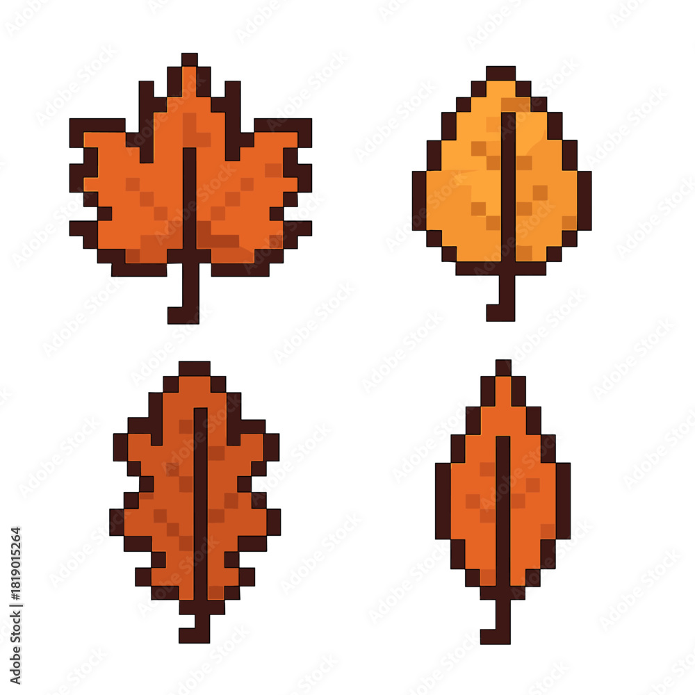 Obraz premium Autumn leaves vector icons set: simple pixel style seasonal symbols