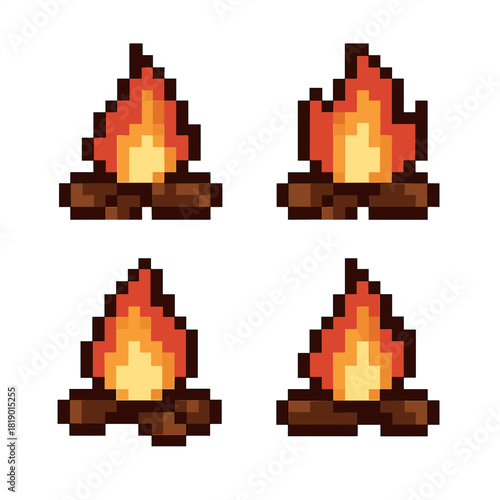 Campfire vector icons set in pixel style. bonfire, flame, and fire symbols
