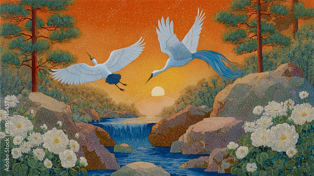 Naklejka premium Elegant Cranes Fly Over Serene Waterfall Landscape Painting at Sunset