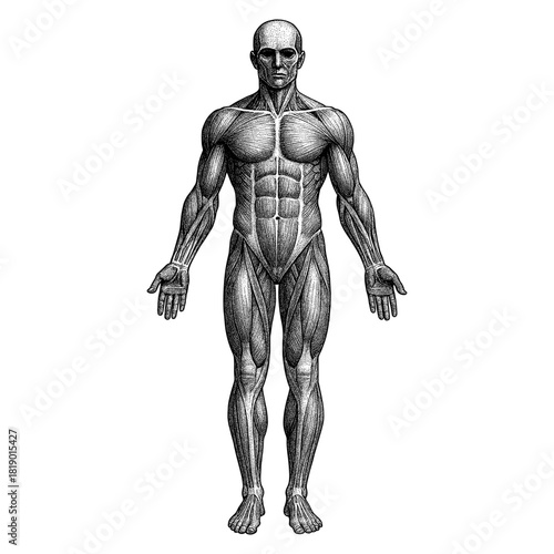 Human anatomy vintage style engraving illustration, detailed muscle system char