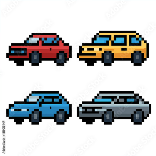 Car pixel style vector icons set. 8-bit vehicles and retro transportation symbols