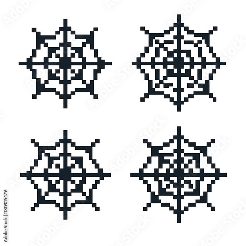 8 bit spider webs vector icons set: pixel style, digital and retro designs
