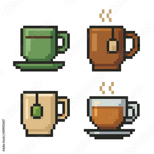 Pixel tea vector icons set: simple hot drink symbols and caffeine illustrations