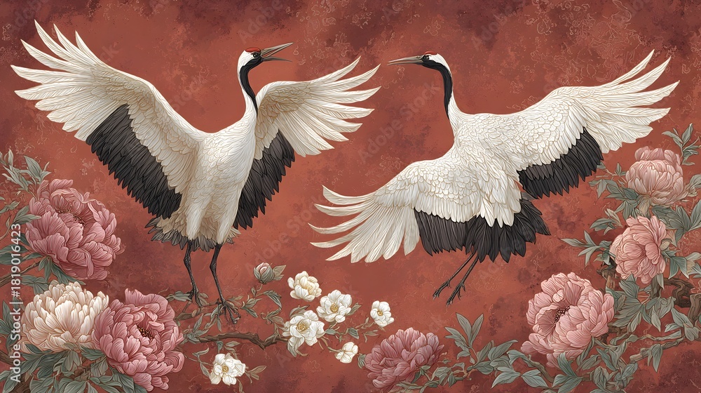 Naklejka premium Elegant Japanese Cranes and Peonies Artistic Illustration Symbol of Longevity and Love