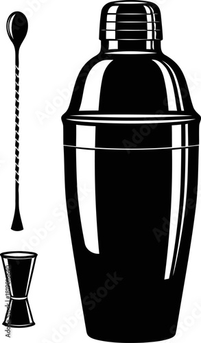 Classic cocktail shaker silhouette with bartender tools ideal for a party theme bar or beverage related design projects