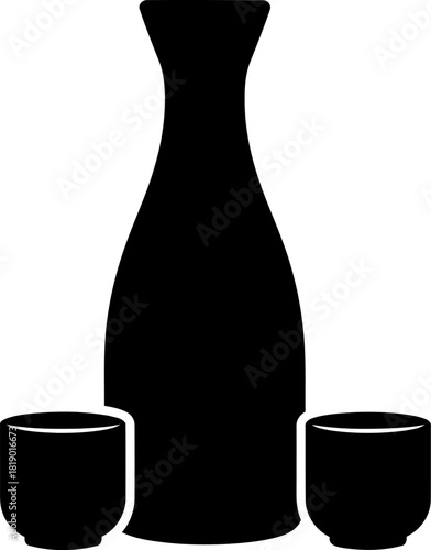 Elegant silhouette of a sake bottle and traditional japanese cup set featuring asian drink culture and minimalist design elements