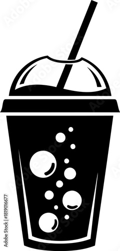 Stylized silhouette of a soda cup with a straw and effervescent bubbles representing a casual party drink perfect for beverage themed graphics and icons