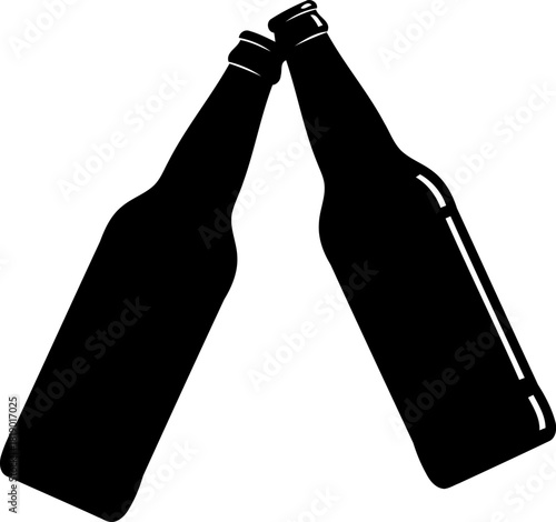 Silhouette of two beer bottles clinking together in a celebratory toast symbolizing friendship and a joyous occasion with a modern clean design aesthetic