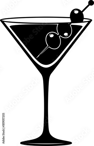 Elegant black silhouette of a classic martini glass with a single green olive on a pick perfect for luxury cocktail bar or upscale event branding and design