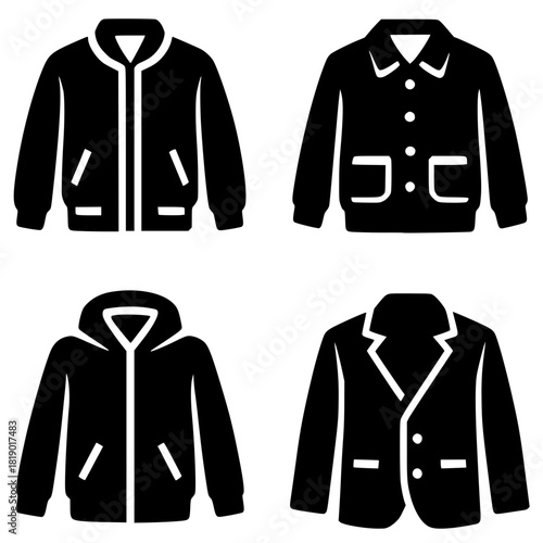 4 Icons illustration of jacket, black, transparent background