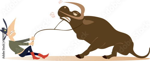 Farmer or cowboy pulling angry bull with rope. Isolated on white background