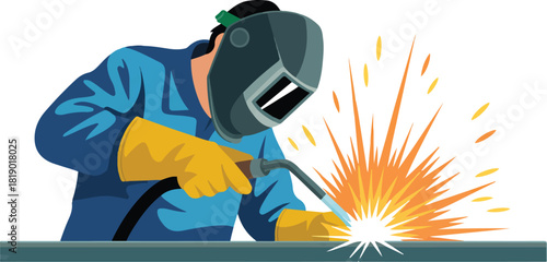 Welder Man Using Welding Torch With Sparks Protective Mask and Safety Gloves, Blue Uniform, Vector Illustration With Cartoon Style Design