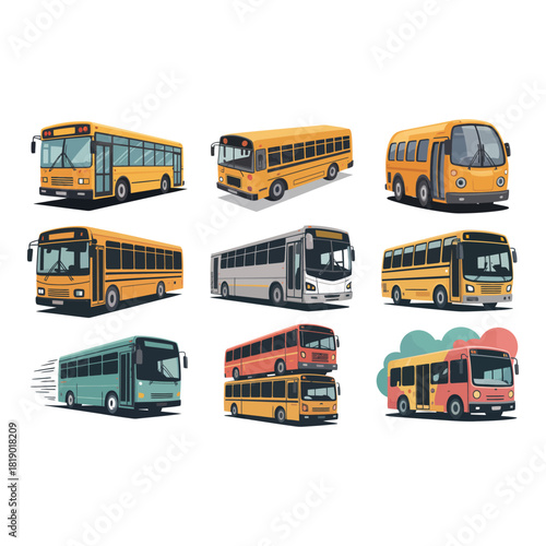 Collection of diverse school and city buses in various styles and colors