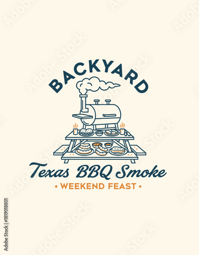 Vintage badge of a backyard smoker and picnic table stacked with meats, reading Texas BBQ Smoke, clean line art vector.