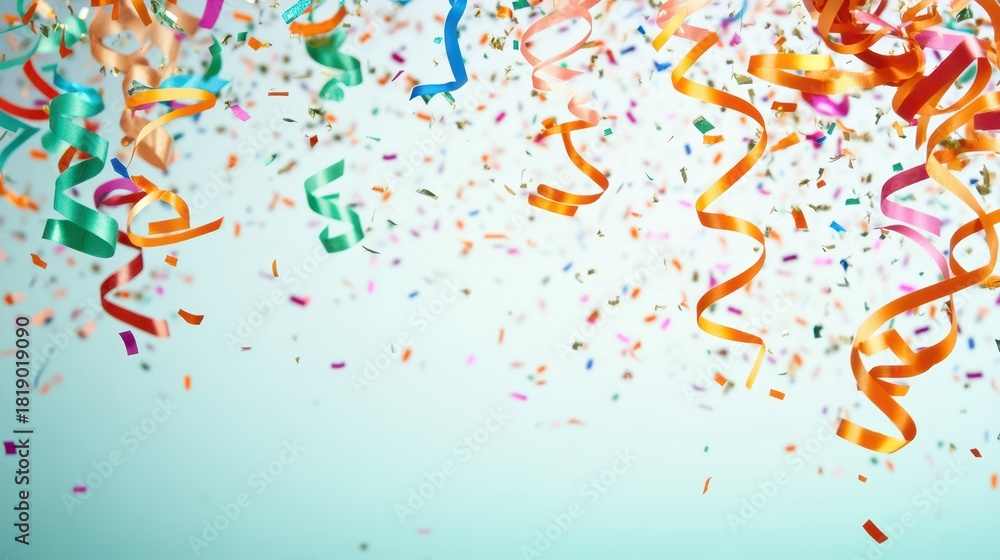 Obraz premium Festive Flutter: Capture the energy of celebration with a cascade of colorful ribbons and confetti against a bright sky, conveying joy and excitement.
