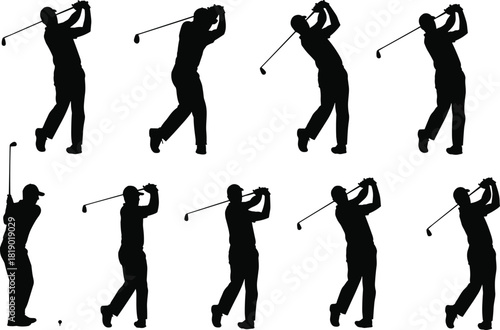 Black Silhouettes of Golf Players Executing the Full Swing with Club and Ball, Ideal for Sports, Tournament, Recreation, Athletic Apparel, and Vector Design Graphics