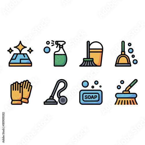 Collection of colorful cleaning supplies and tools icons