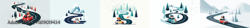 Holiday car travels through snowy roads. Winter atmosphere. Vektor, design, minimalist, illustrations, set icon