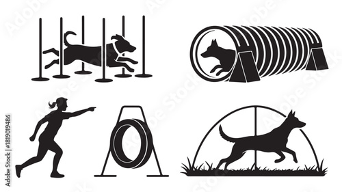 Dog agility training icons vector silhouette illustration of dogs jumping through obstacles isolated on white background