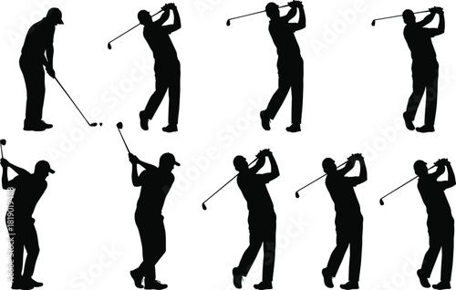Black Silhouettes of Golf Players Swinging Clubs and Hitting Balls in Various Action Poses, Ideal for Sports, Recreation, Tournament, and Athletic Vector Design Graphics