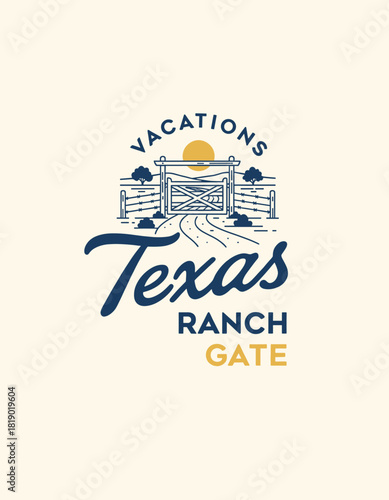 Texas ranch gate with fence, dirt road and cactus at sunset; vintage western travel logo style.