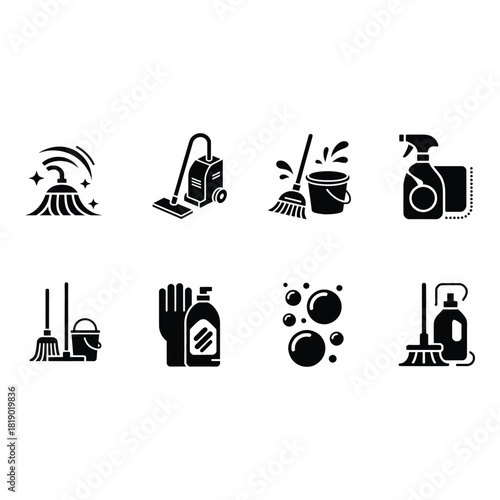 Collection of cleaning tools and supplies icons