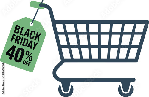 Black friday sale shopping cart with discount tag for online retail promotion event
