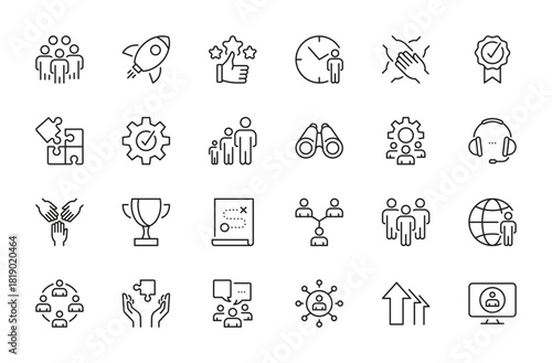 Teamwork icon set. Business team, mission, success, management, meeting, strategy, communication, mutual help, settings, work group, progress, outsourcing, etc. Vector illustration. Editable stroke.