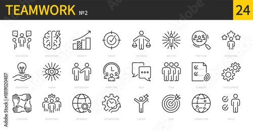 Teamwork icon set. Business team, optimization, leader, goal, work group, planning, development, partnership, cohesion, growth, skills, workforce, work time, etc. Vector illustration. Editable stroke.