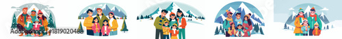 Family Photo at a Snow Tourist Attraction. Winter Atmosphere. Vektor, design, minimalist, illustrations, set icon