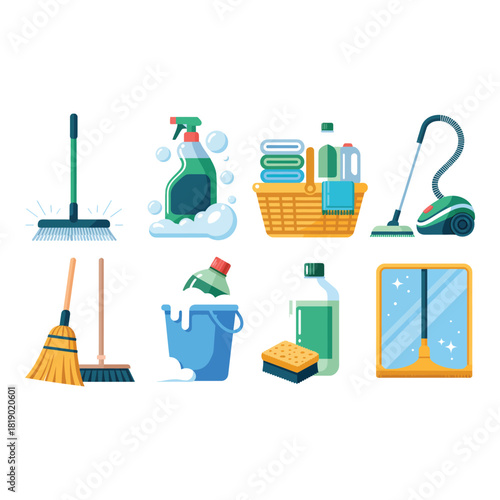 Collection of cleaning supplies and tools for a sparkling home
