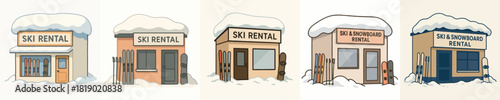 ski and snowboard rental shop in winter. Vektor, design, minimalist, illustrations, set icon