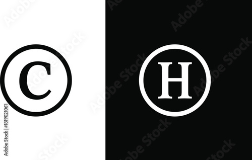 Copyright Symbol (C) and Letter H Logo or Trademark Icon in Circle, Black and White Vector Graphic for Legal, Branding, Intellectual Property, and Business Design