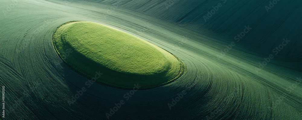 Fototapeta premium Aerial view of a vibrant green hill surrounded by cultivated land, evoking themes of nature, growth, and agriculture. Serene landscape. Use for environmental and travel concepts.