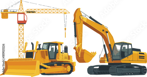 Construction Machines Set Crane Bulldozer Excavator in Yellow Color Heavy Equipment Vector Illustration in Cartoon Style