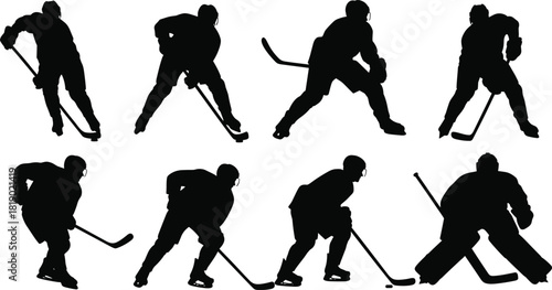 Ice Hockey Player Silhouette Set, Dynamic Sport Action Poses, Stick Handling and Skating Vector Illustration Pack, Goalie and Skaters Collection.