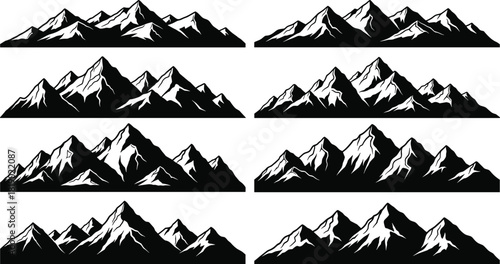 Mountain Silhouettes Vector Set with Snowy Peaks and Rugged Landscape, Ideal for Outdoor Adventure, Travel, Nature, Camping, and Wilderness Logo Design Graphics