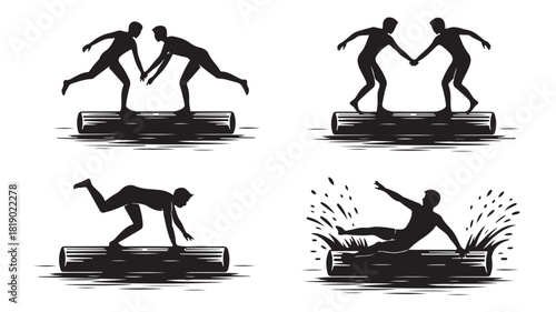 Set of vector log rolling silhouettes competitive sport illustration isolated on white background