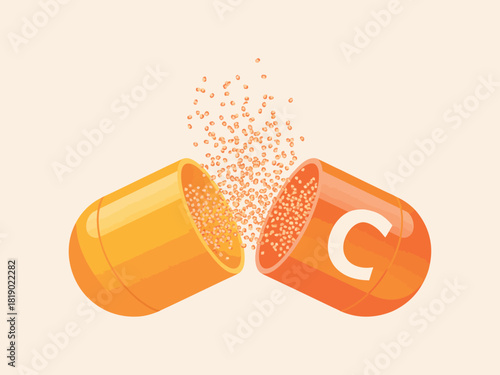 Open vitamin c capsule releasing powder on a light background