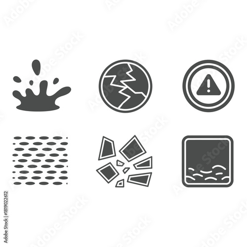 Collection of six simple icons representing danger and fragility