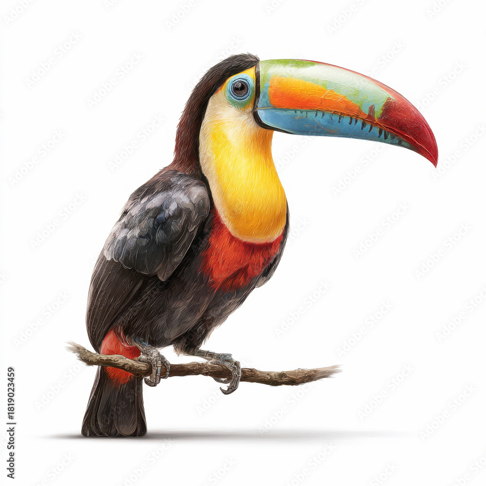 Naklejka premium Vibrant toucan perched on branch with colorful beak and feathers on white background