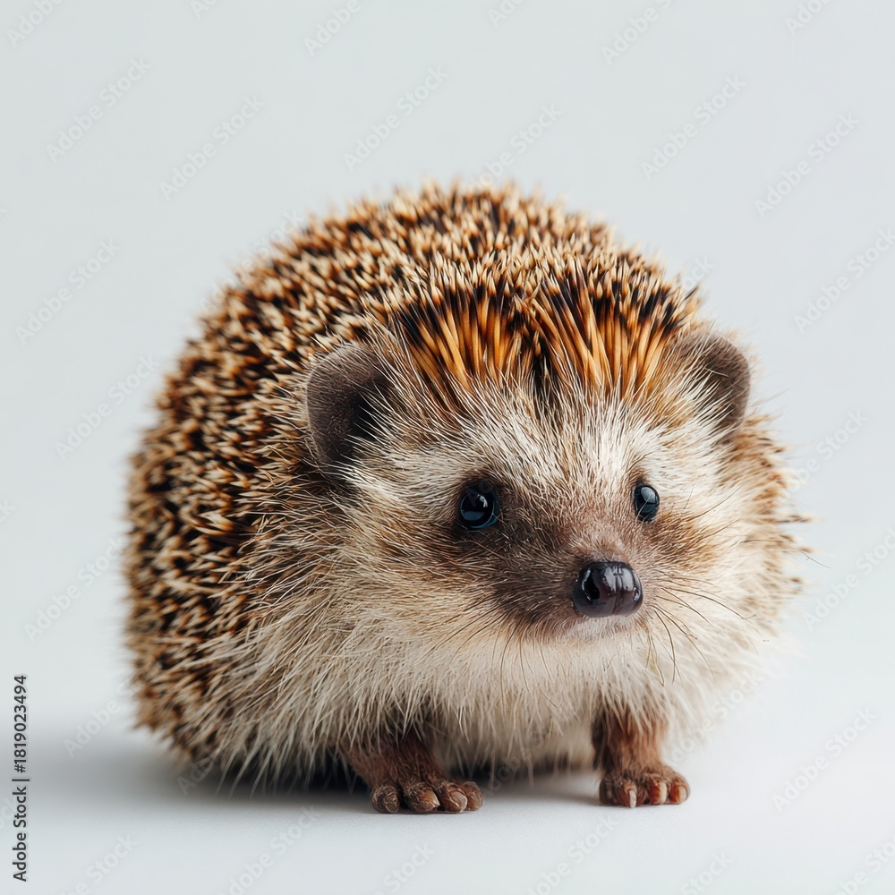 Obraz premium Adorable hedgehog with spiky brown fur and curious expression on white background. Hedgehog Day