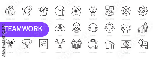 Teamwork icon set. Business team, mission, success, management, meeting, strategy, communication, mutual help, settings, work group, progress, outsourcing, etc. Vector illustration. Editable stroke.