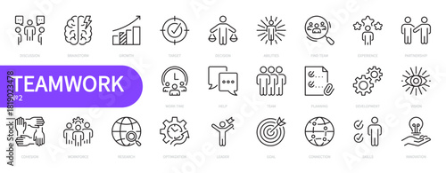 Teamwork icon set. Business team, optimization, leader, goal, work group, planning, development, partnership, cohesion, growth, skills, workforce, work time, etc. Vector illustration. Editable stroke.